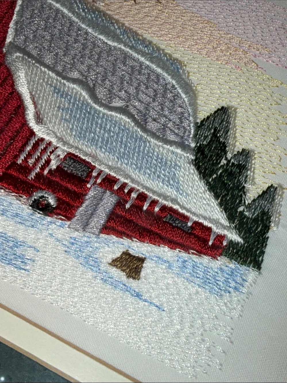 Vtg Needlepoint Embroidered Red Barn Winter Crewel Barn wood Frame Wall Hanging